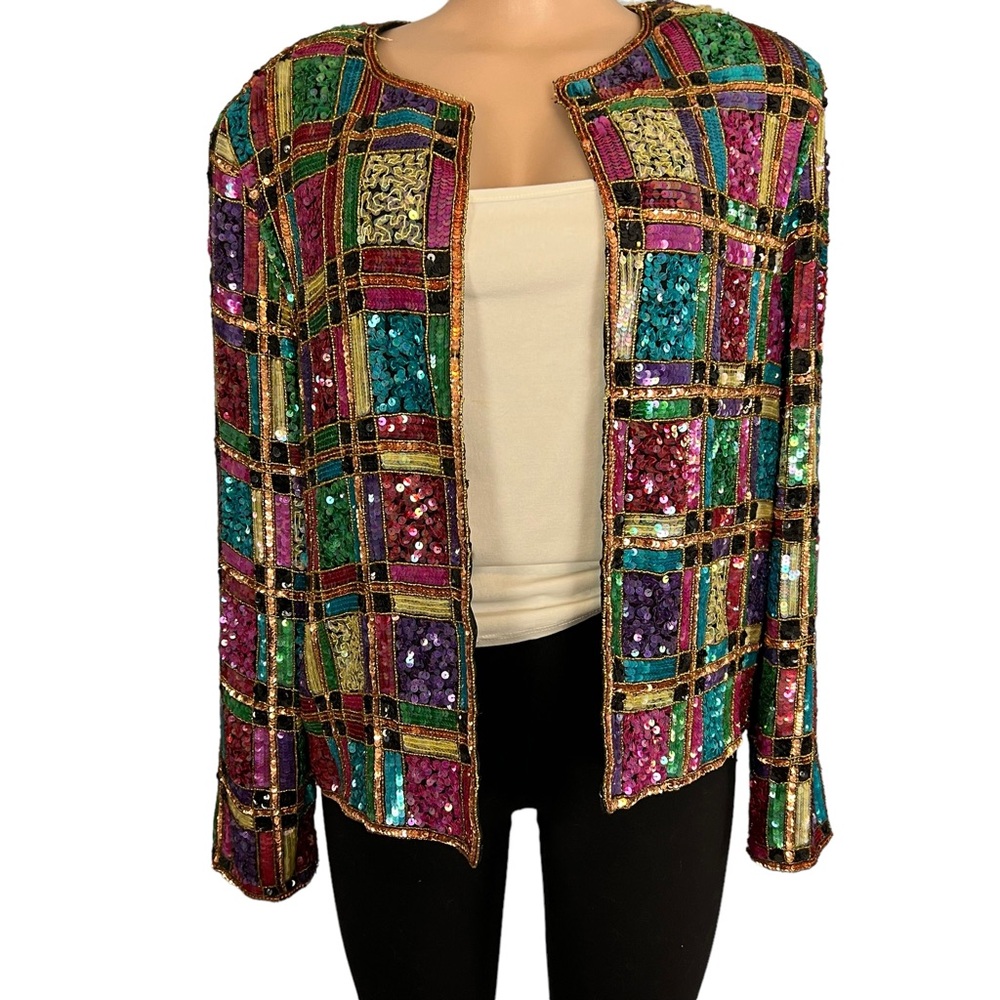 Leslie Fay Multicolor Sequin Patchwork Jacket